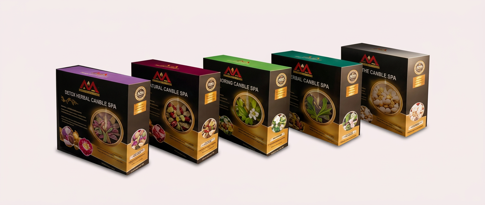 Five Detox Herbal Candle Spa boxes: Lavender, Red Wine, White Jasmin, Eucalyptus and Pearl