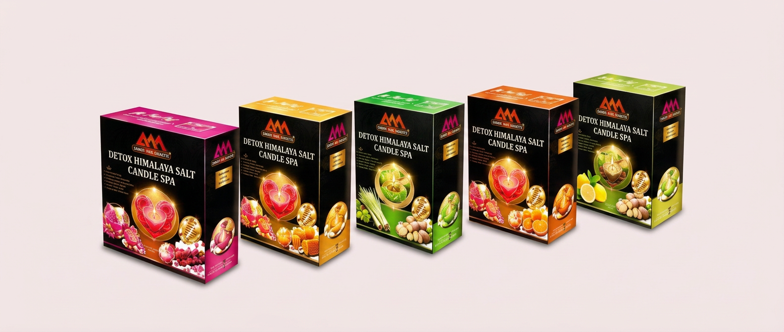 Five Detox Himalaya Salt Candle Spa boxes: Rose Honey, Milk Honey, Green Tea, Tangerine Zest and Lemongrass Ginger